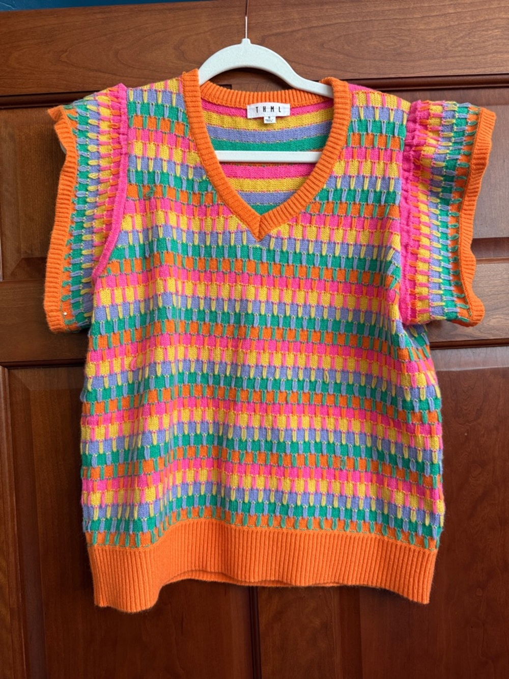 THML Bright Multicolor V-Neck Sweater Vest - Orange, Pink, Green, Yellow
